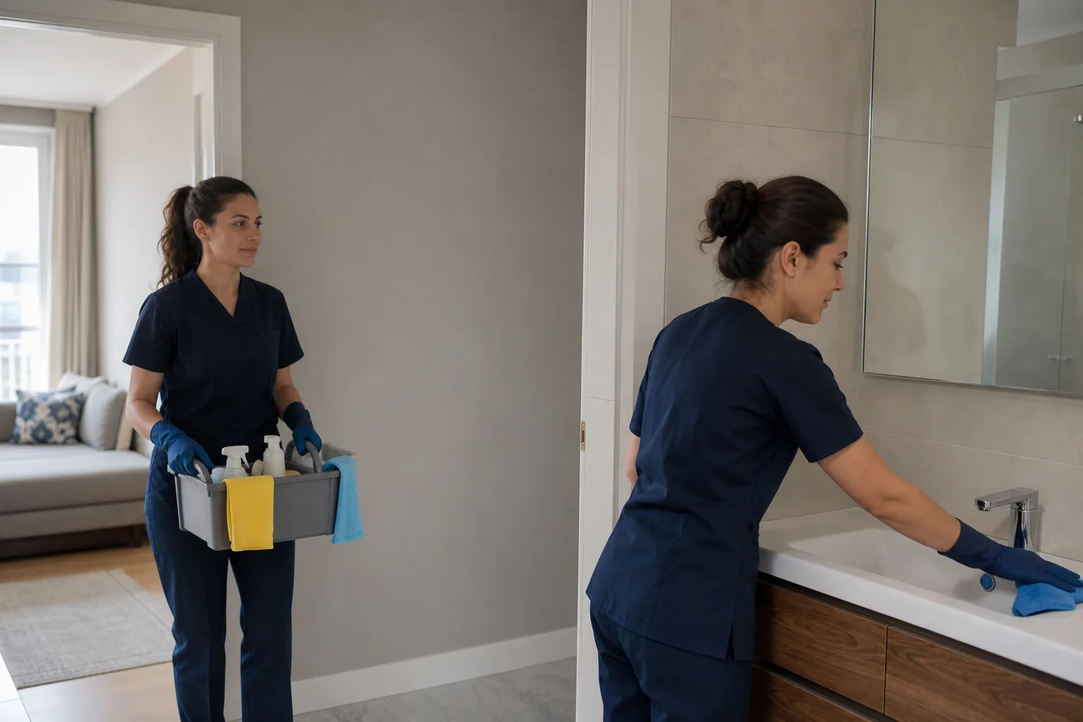 Anadolu Ev Temizliği ekibinden iki kadın uzmanın evin banyo alanında birlikte çalışması