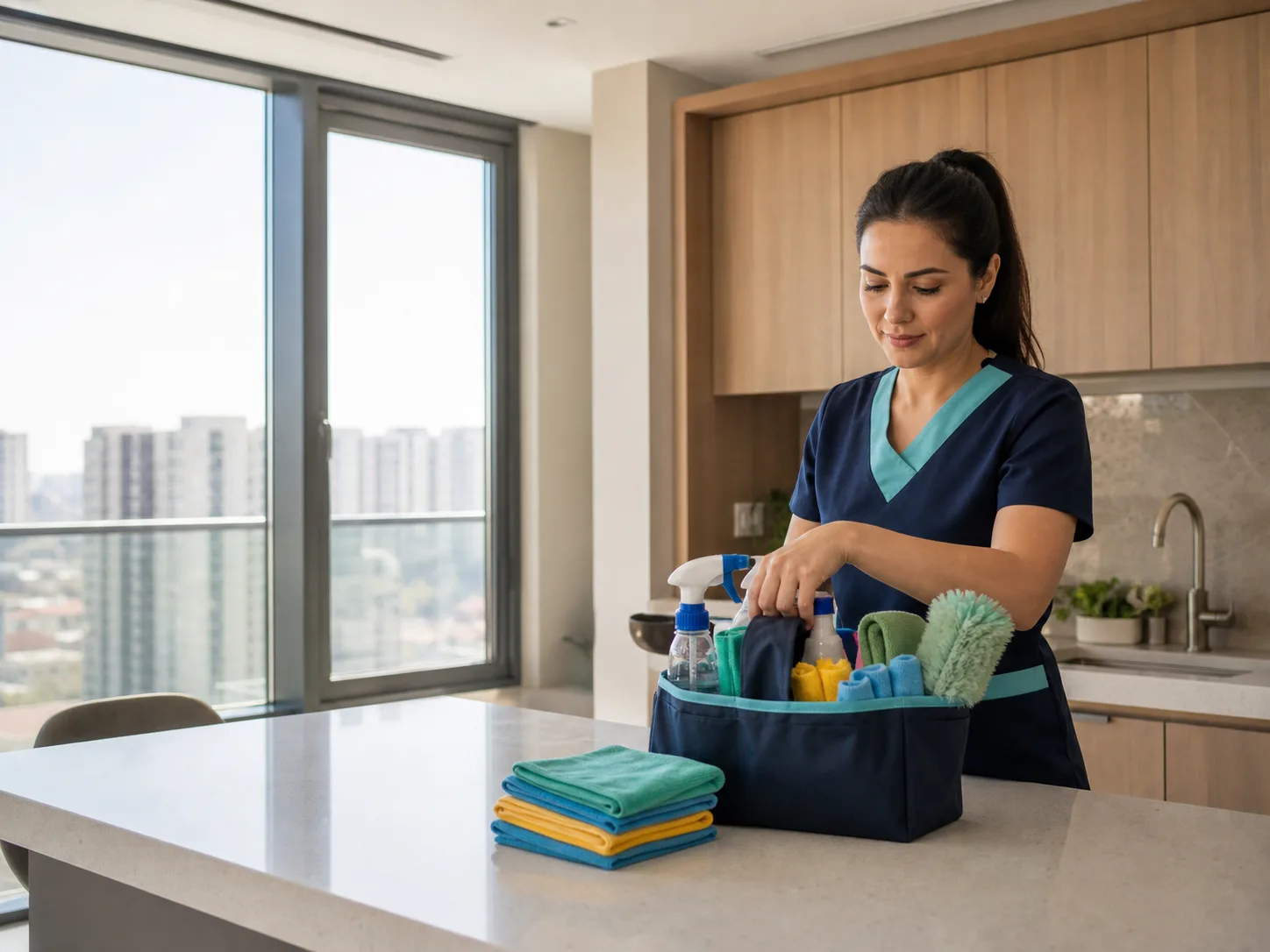 Ataşehir günlük ev temizliği için modern apartman dairesinde temizlik ekipmanlarını hazırlayan kadın uzman