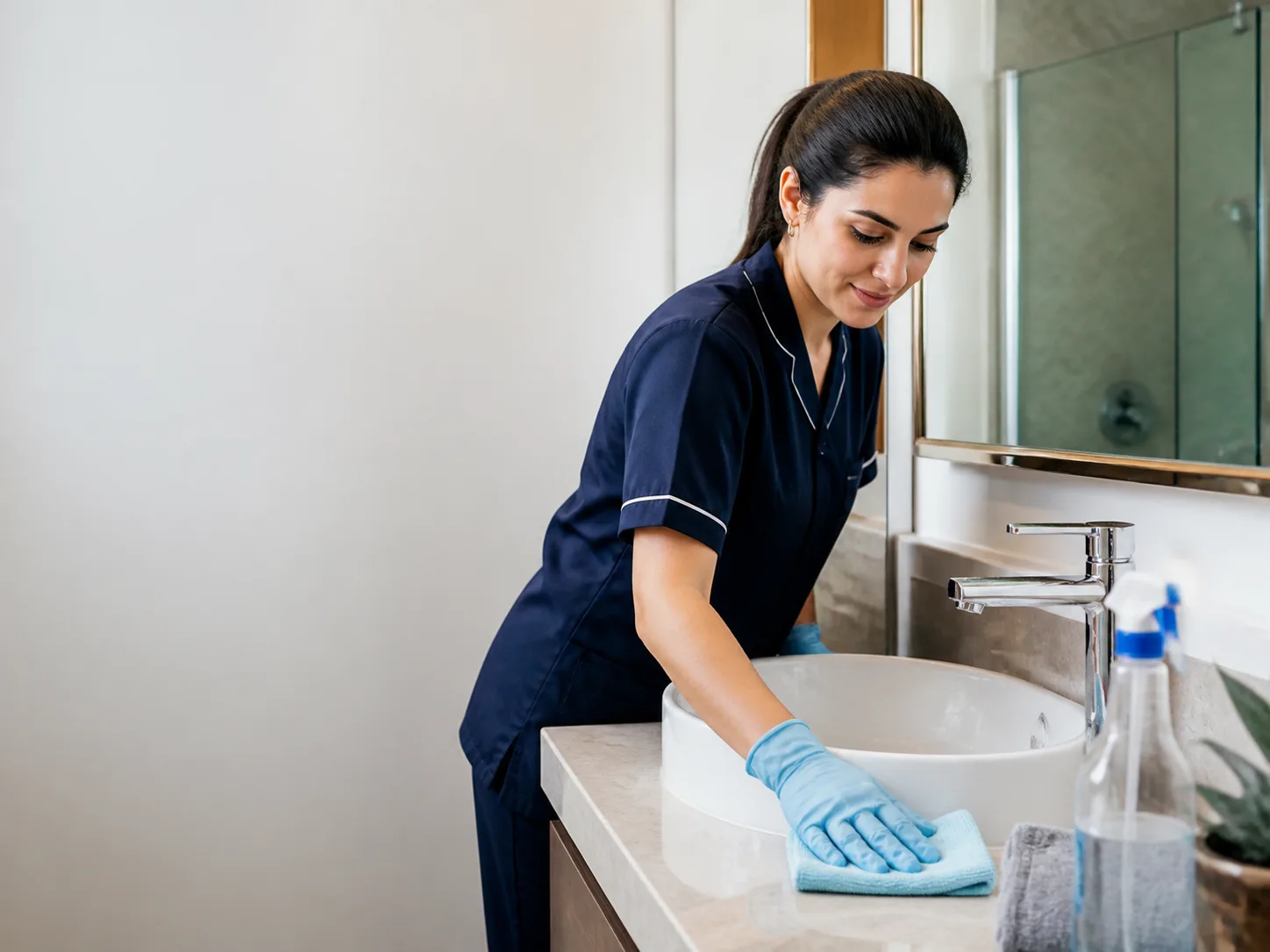 Günlük ev temizliği hizmetinde banyo lavabosu ve musluğunu temizleyen kadın uzman